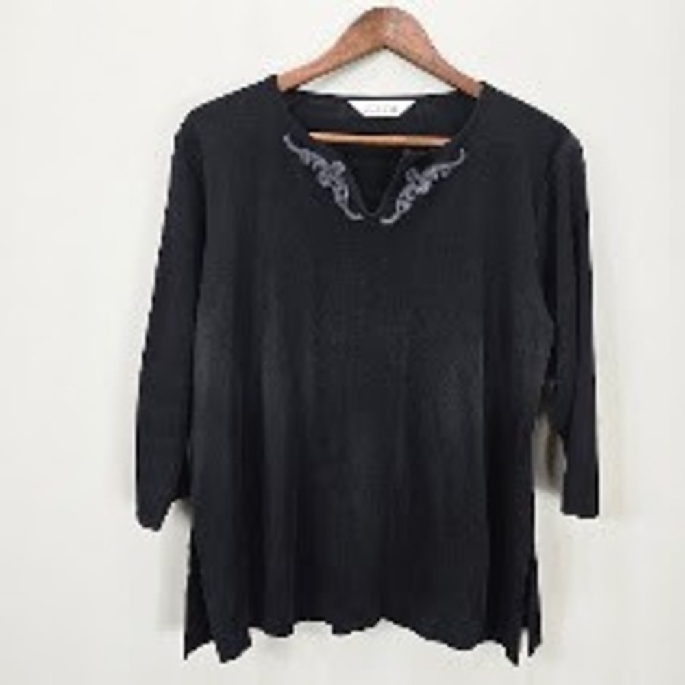 Exclusively Misook Knit Top Blouse L Black Embroidered Whimsigoth Minimalist
